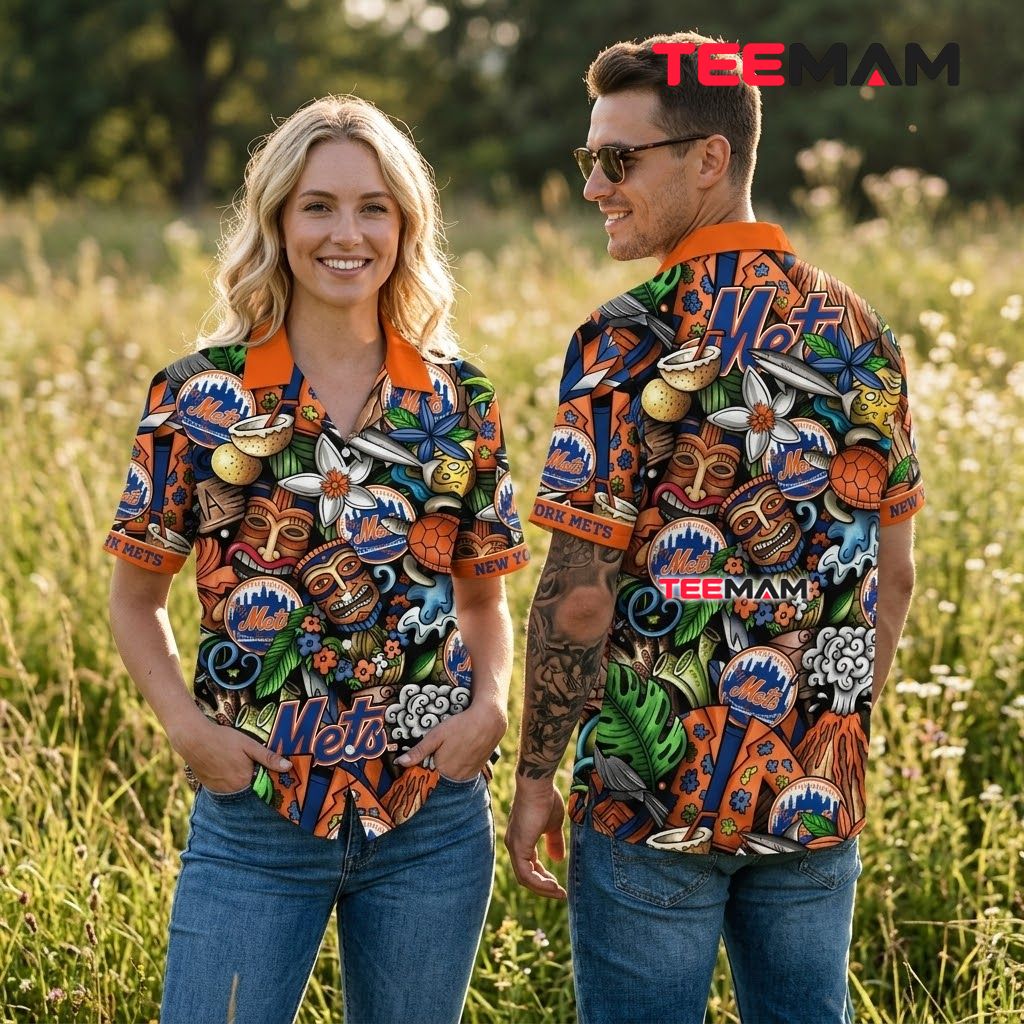 New York Mets Hawaiian Shirt Tiki Volcano Back New York Mets Hawaiian Shirt Tiki Volcano Back