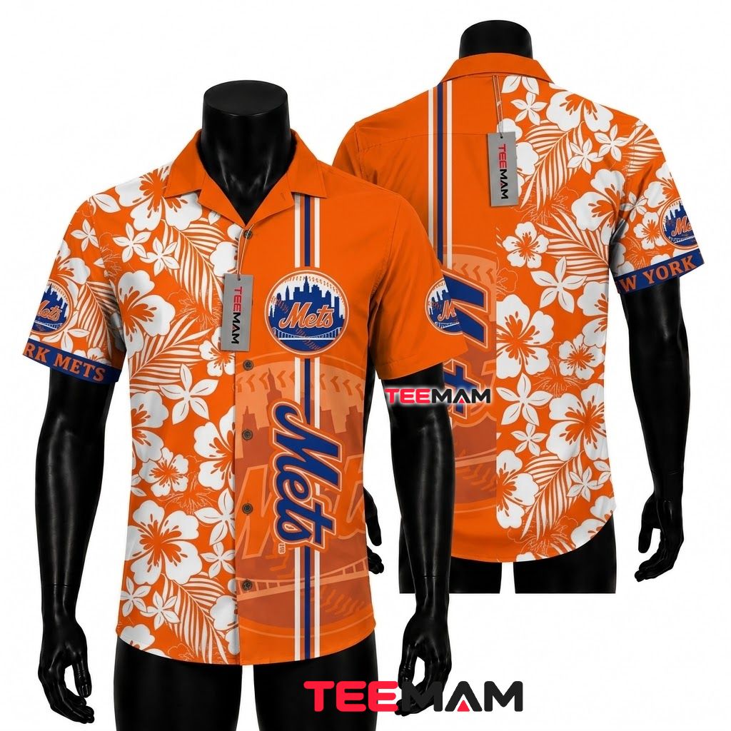 New York Mets Hawaiian Shirt White Hibiscus Beach Front