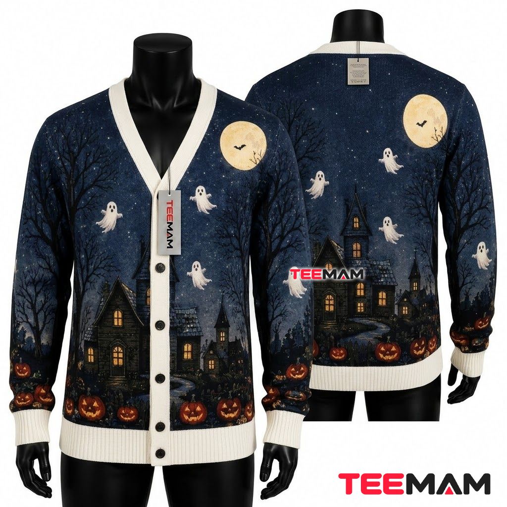 Night Halloween Cardigan Ghost Haunted House 1