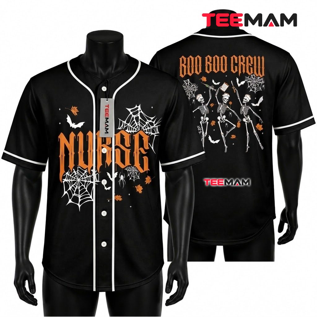 Nurse Halloween Baseball Jersey Boo Boo Crew Skeleton Black 1