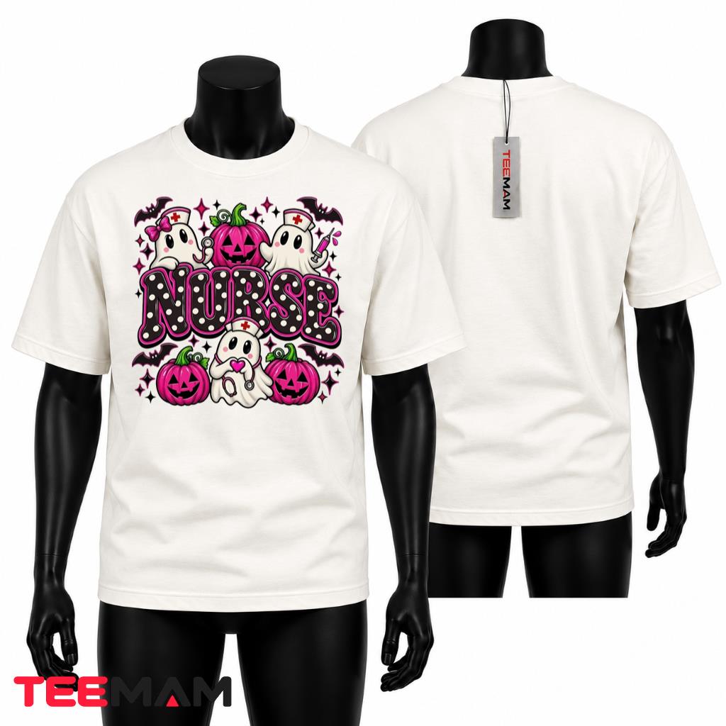 Nurse Halloween Ghost Pumpkin T-Shirt Pink Polka Dot