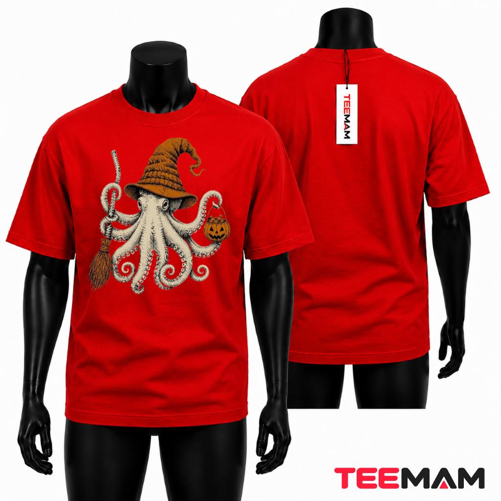 Octopus Halloween T-Shirt Witch Broom Pumpkin Spooky Gift