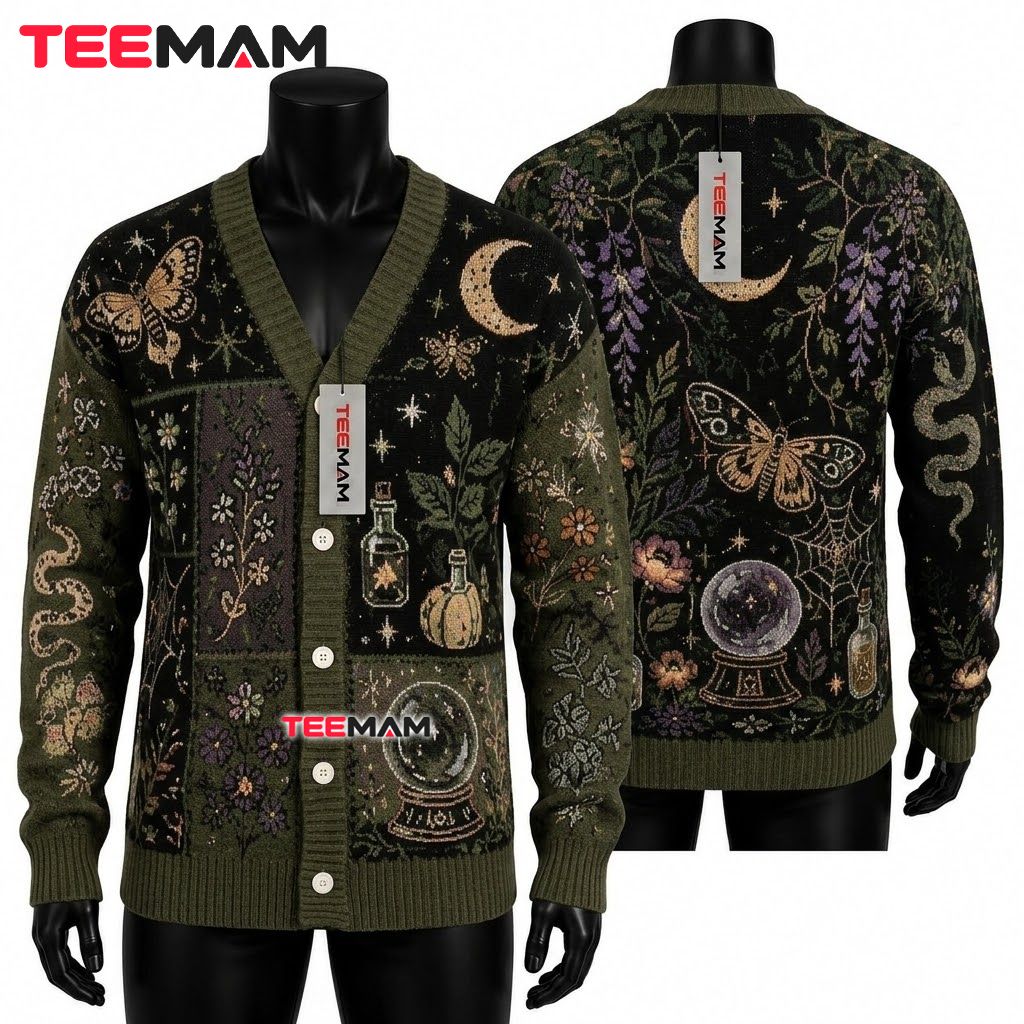 Olive Halloween Cardigan Moth Snake Crystal 1