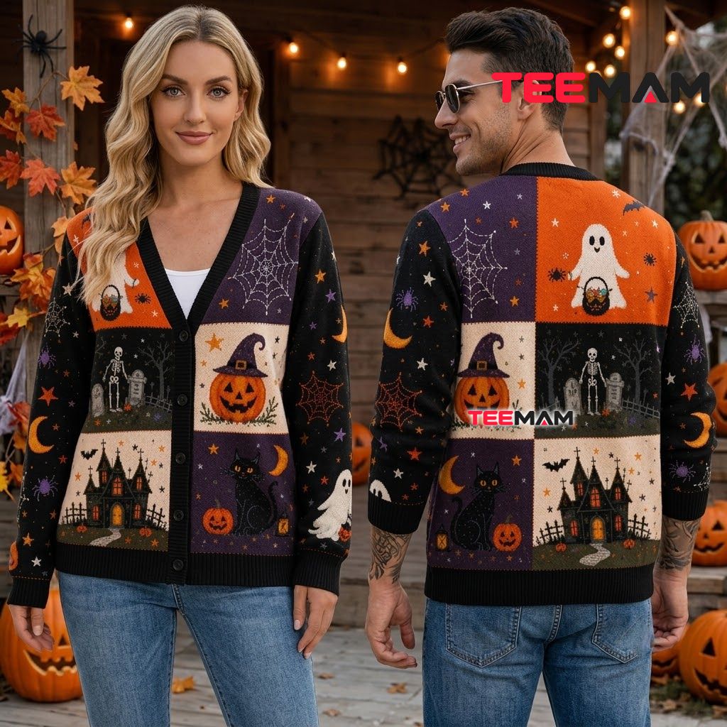 Patchwork Halloween Cardigan Ghost Skeleton House 2 Patchwork Halloween Cardigan Ghost Skeleton House 2