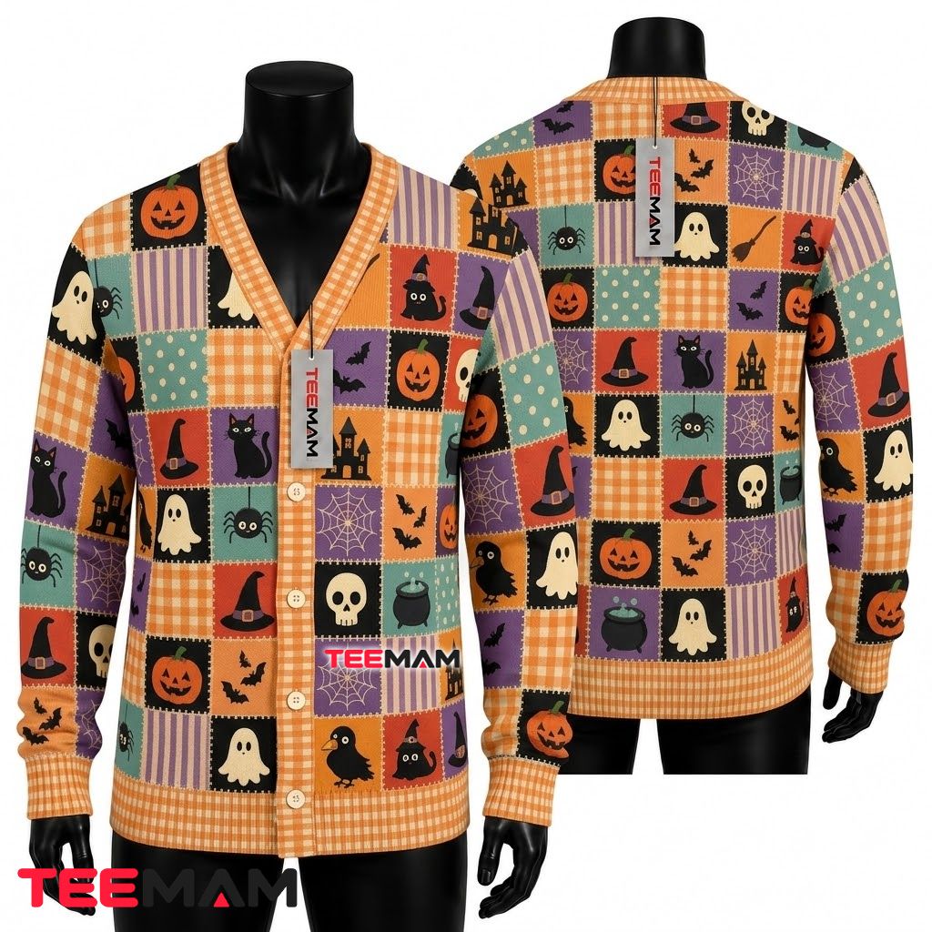 Patchwork Halloween Cardigan Ghost Skull Pumpkin 1