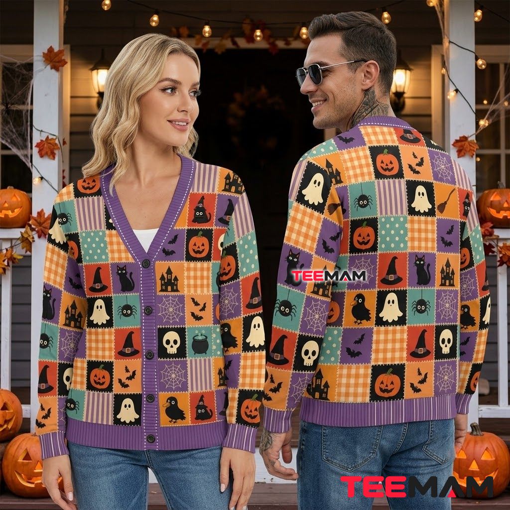 Patchwork Halloween Cardigan Ghost Skull Pumpkin 2 Patchwork Halloween Cardigan Ghost Skull Pumpkin 2