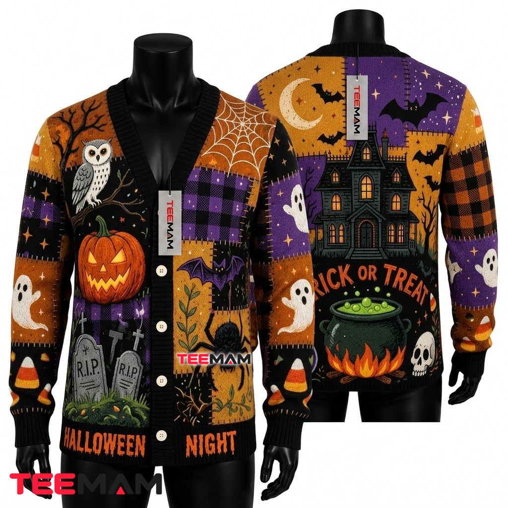 Patchwork Halloween Cardigan Owl Cauldron Tombstone 1