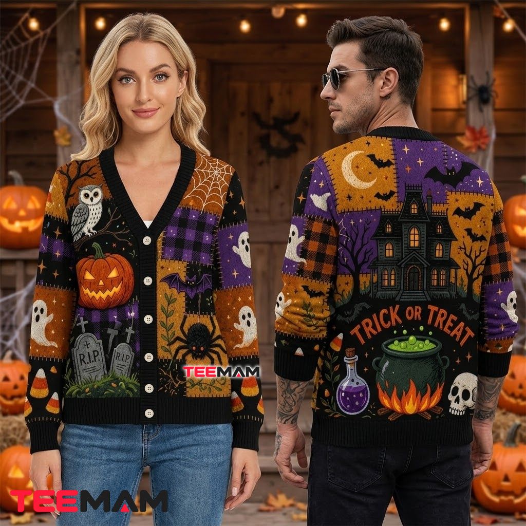 Patchwork Halloween Cardigan Owl Cauldron Tombstone 2 Patchwork Halloween Cardigan Owl Cauldron Tombstone 2