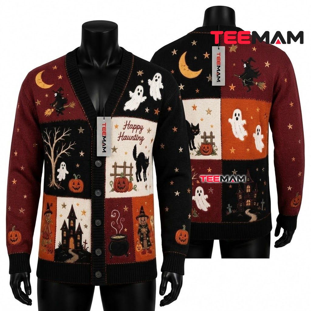 Patchwork Halloween Cardigan Scarecrow Black Cat 1