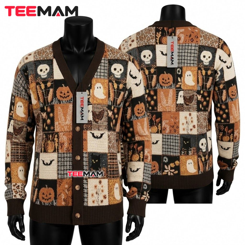 Patchwork Halloween Cardigan Skull Raven Black Cat Patchwork Halloween Cardigan Skull Raven Black Cat