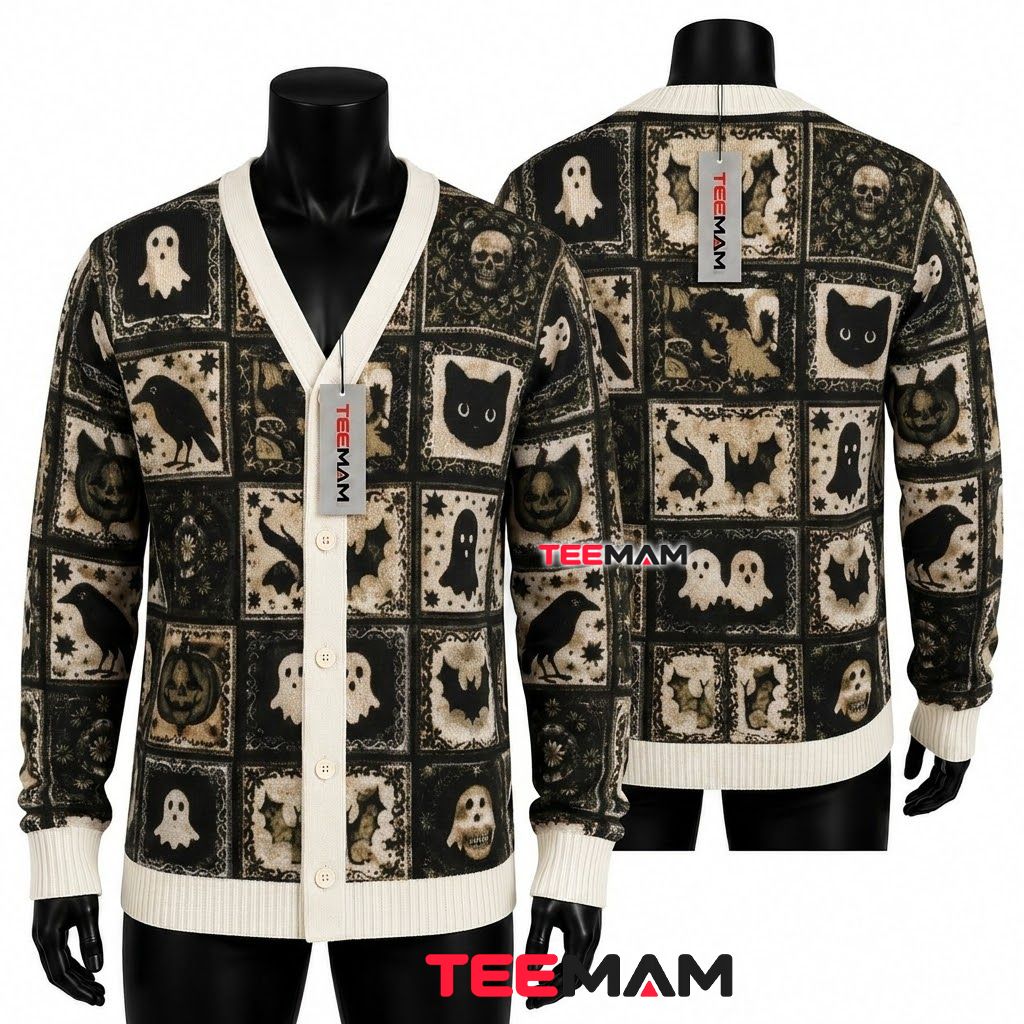Patchwork Halloween Cardigan Skull Raven Black Cat 1
