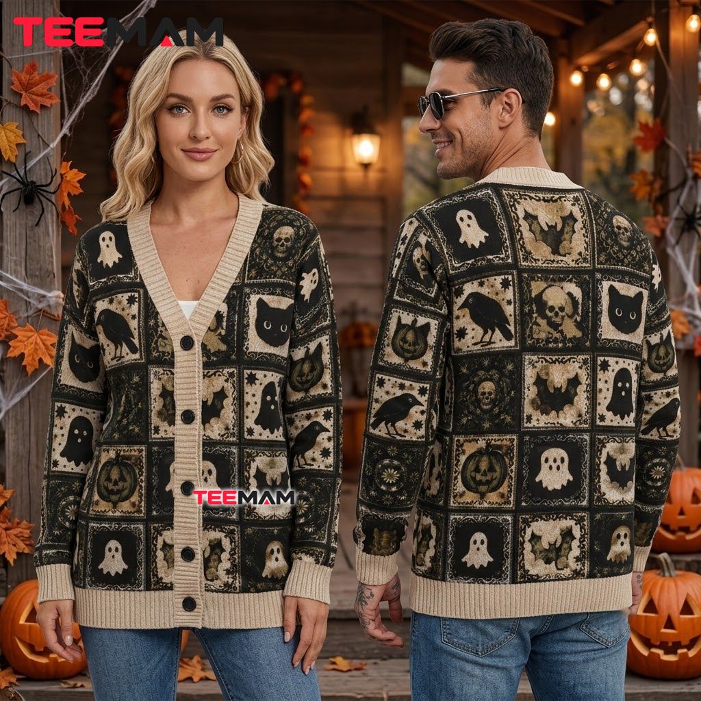 Patchwork Halloween Cardigan Skull Raven Black Cat 2 Patchwork Halloween Cardigan Skull Raven Black Cat 2