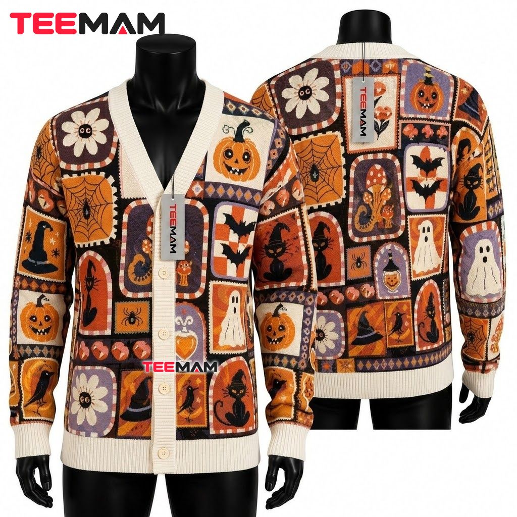 Patchwork Halloween Cardigan Skull Raven Black Cat Patchwork Halloween Cardigan Skull Raven Black Cat