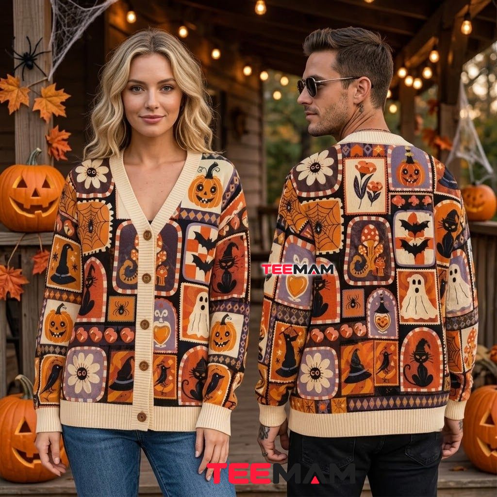 Patchwork Halloween Cardigan Witch Cat Mushroom 2 Patchwork Halloween Cardigan Witch Cat Mushroom 2