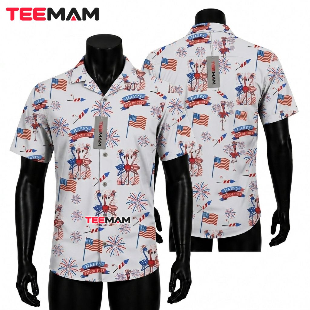 Patriotic Flamingo Hawaiian Shirt 4th Of July American Flag Fireworks White Front