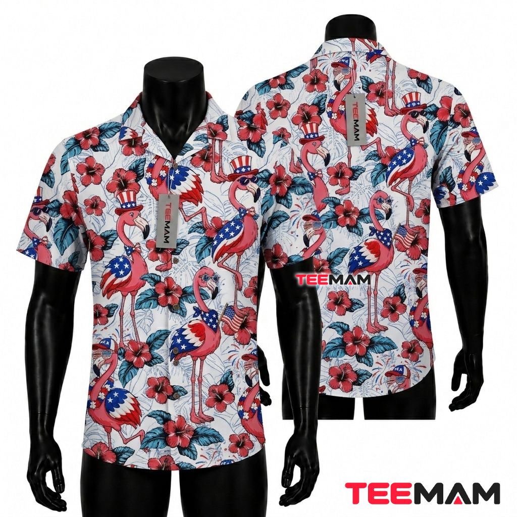 Patriotic Flamingo Hawaiian Shirt 4th Of July American Flag Floral White Front