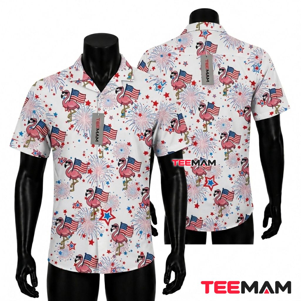 Patriotic Flamingo Hawaiian Shirt 4th Of July American Flag White Front