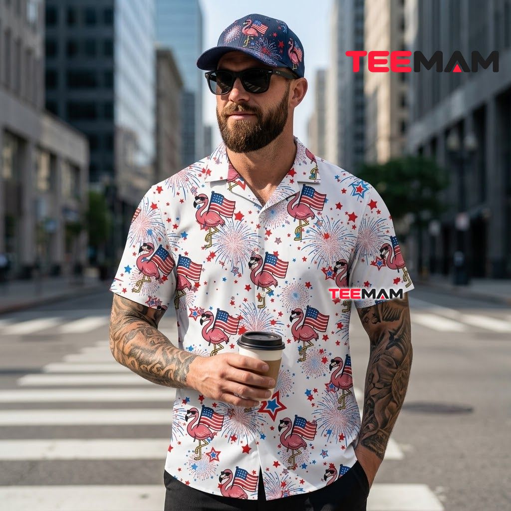 Patriotic Flamingo Hawaiian Shirt 4th Of July American Flag White Back Patriotic Flamingo Hawaiian Shirt 4th Of July American Flag White Back