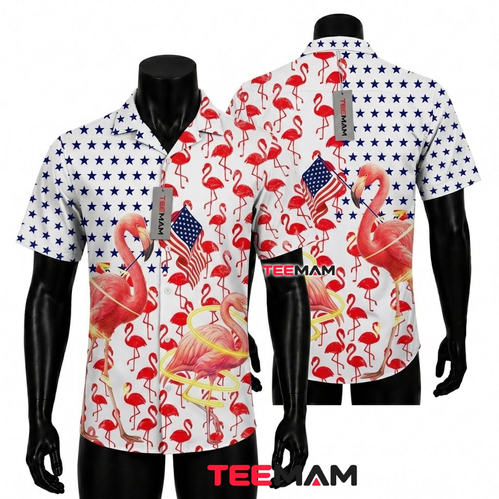 Patriotic Flamingo Hawaiian Shirt 4th Of July American Flag White Stars Front