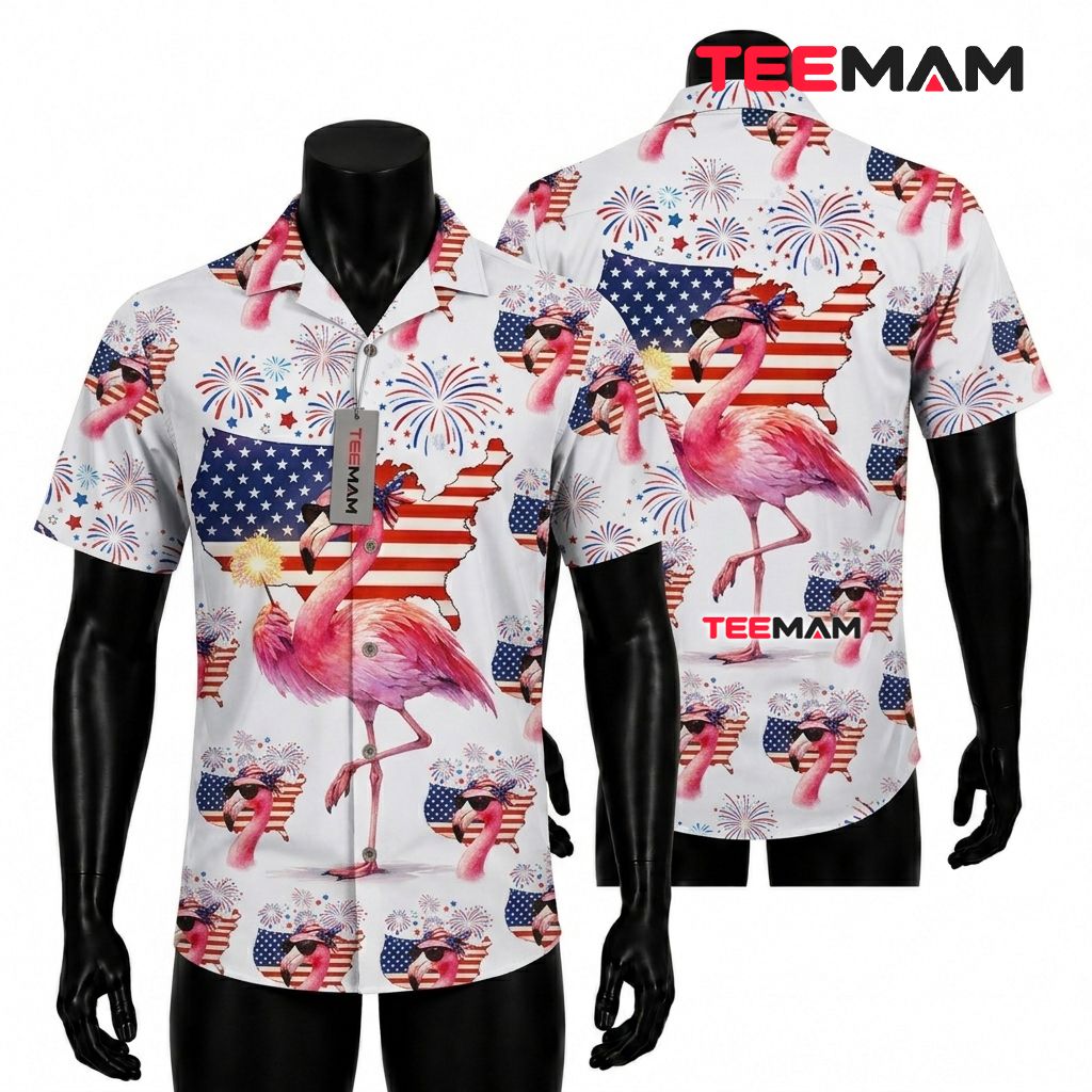 Patriotic Flamingo Hawaiian Shirt 4th Of July USA Map Flag Fireworks White Front