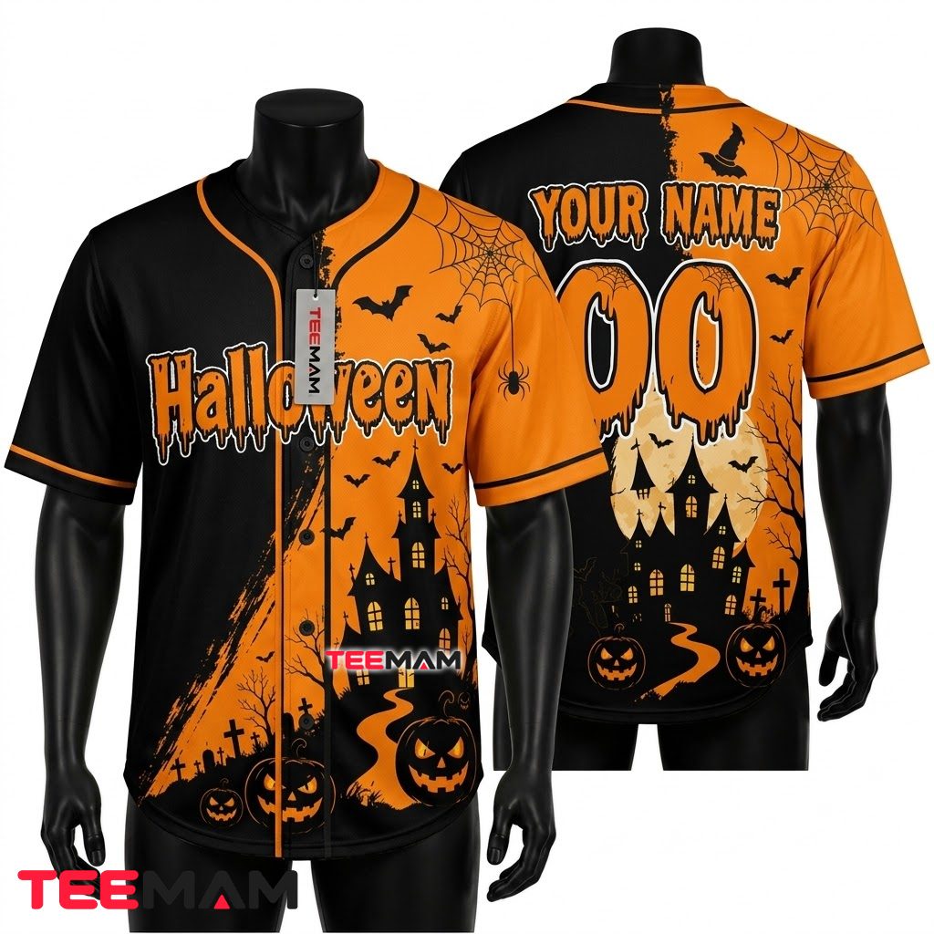 Personalized Baseball Jersey Halloween Haunted House Two Tone 1