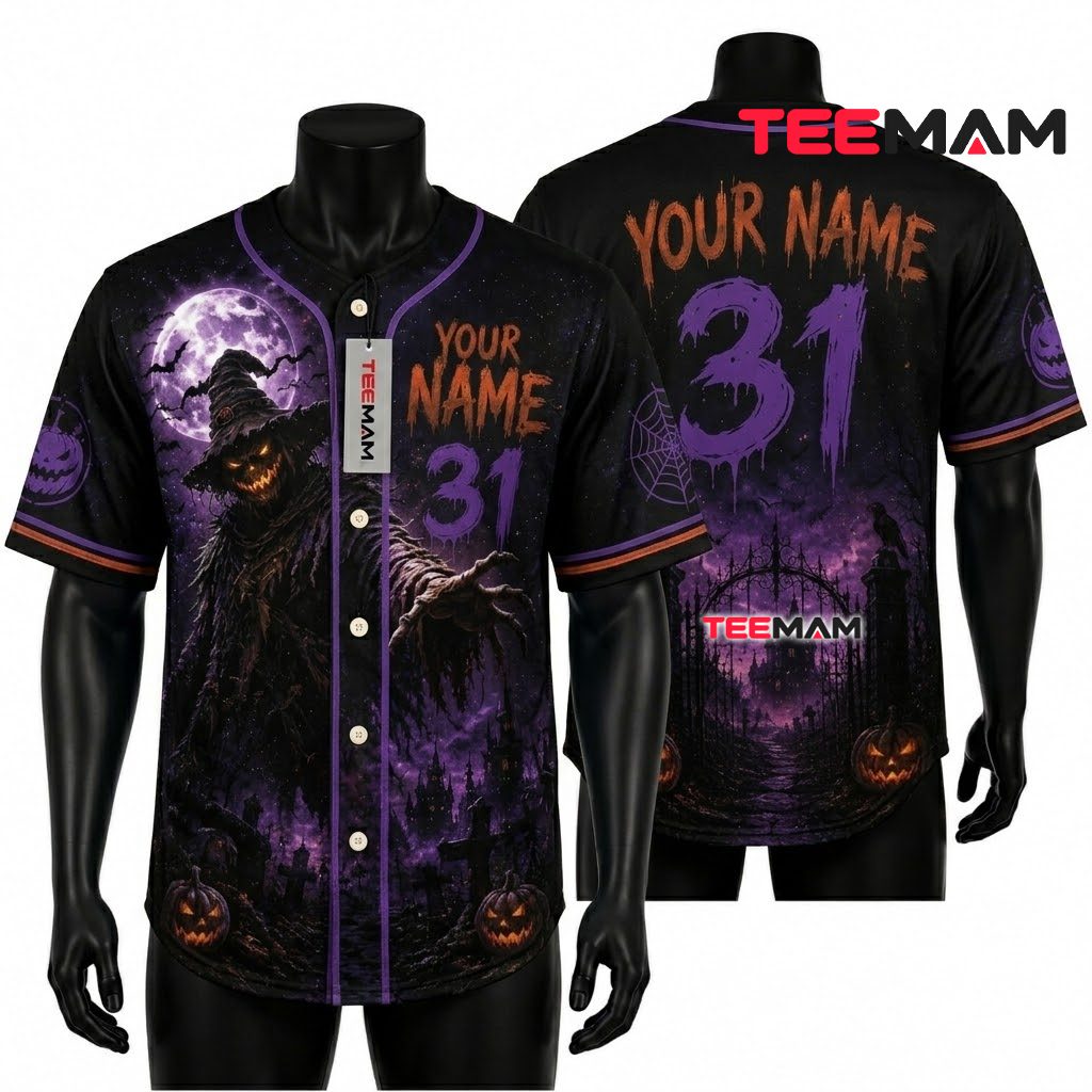 Personalized Baseball Jersey Halloween Purple Pumpkin Scarecrow 1