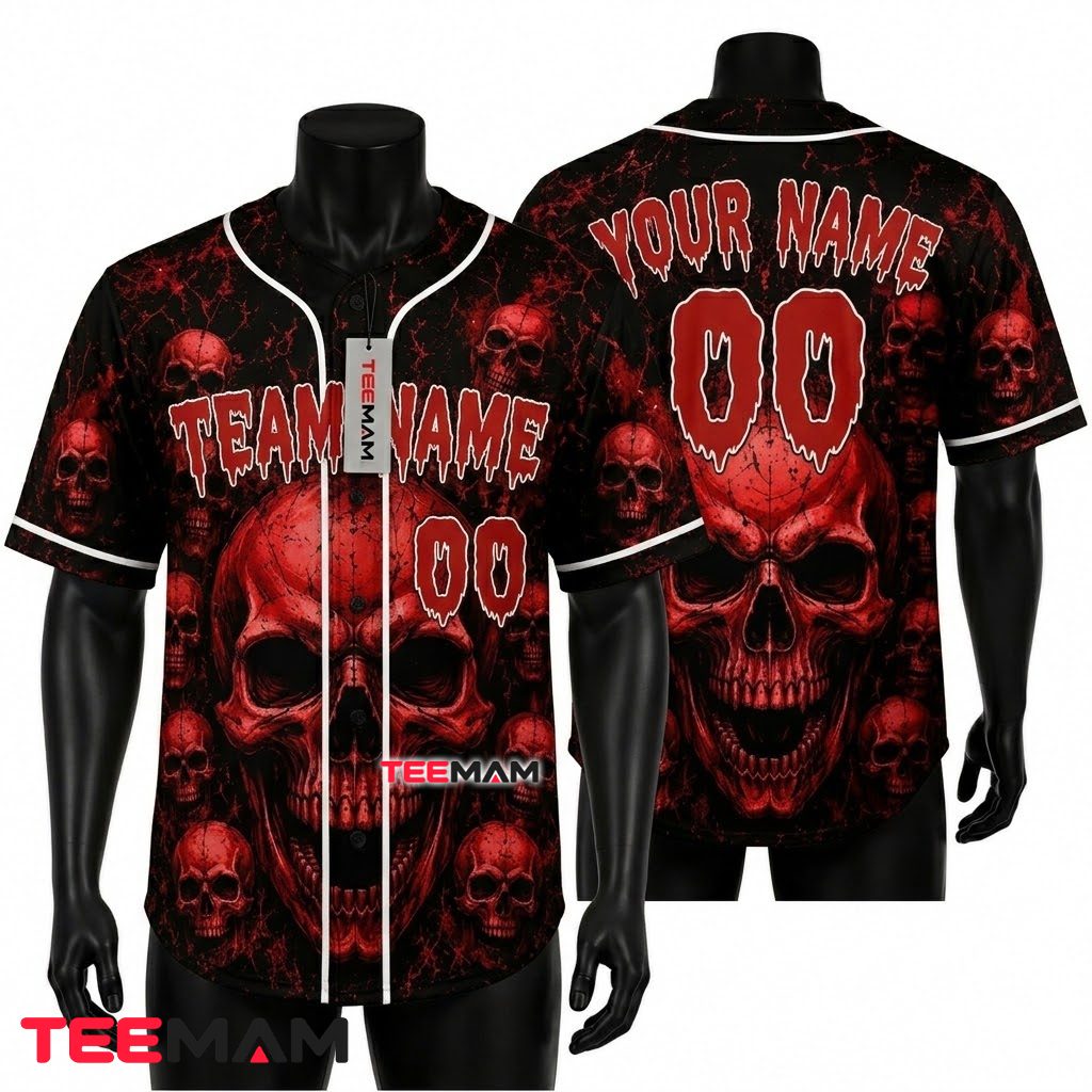 Personalized Baseball Jersey Halloween Red Skull Black 1