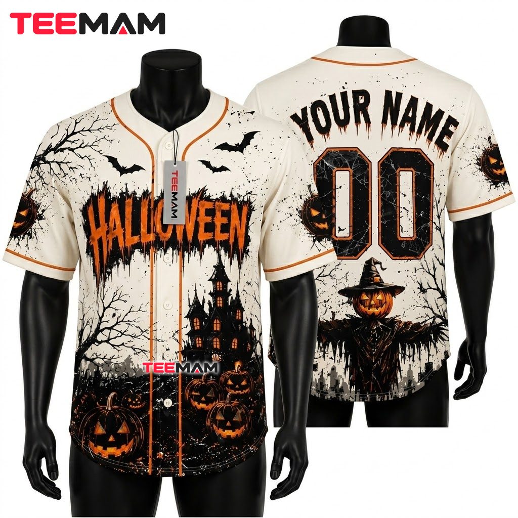 Personalized Baseball Jersey Halloween Scarecrow Pumpkin White 1