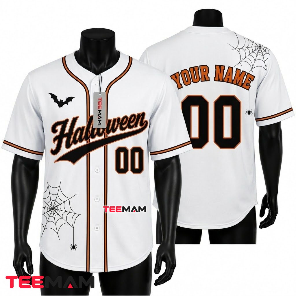 Personalized Baseball Jersey Halloween Spider Web Bat White 1