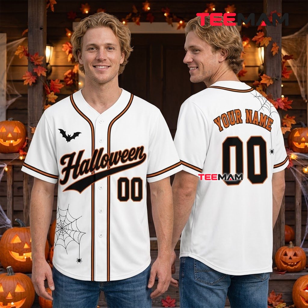 Personalized Baseball Jersey Halloween Spider Web Bat White 2 Personalized Baseball Jersey Halloween Spider Web Bat White 2