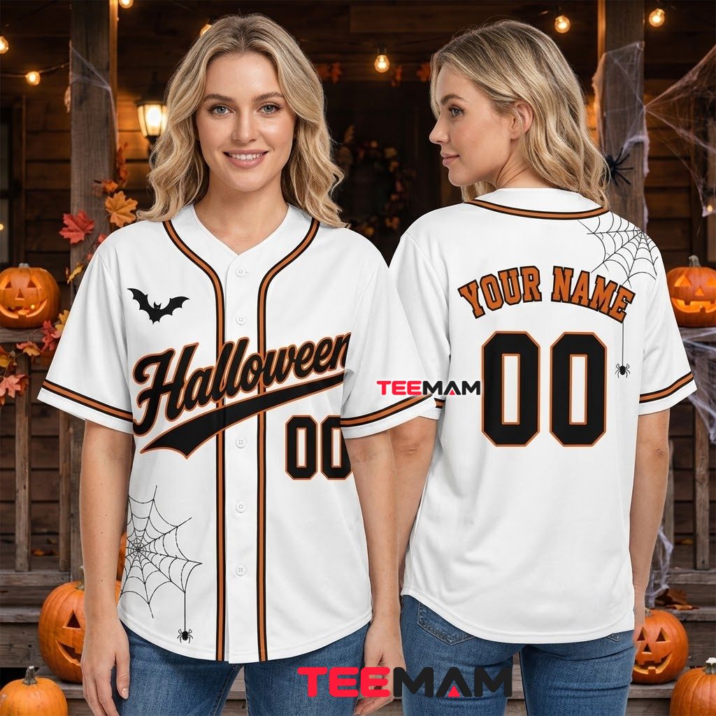 Personalized Baseball Jersey Halloween Spider Web Bat White 3 Personalized Baseball Jersey Halloween Spider Web Bat White 3