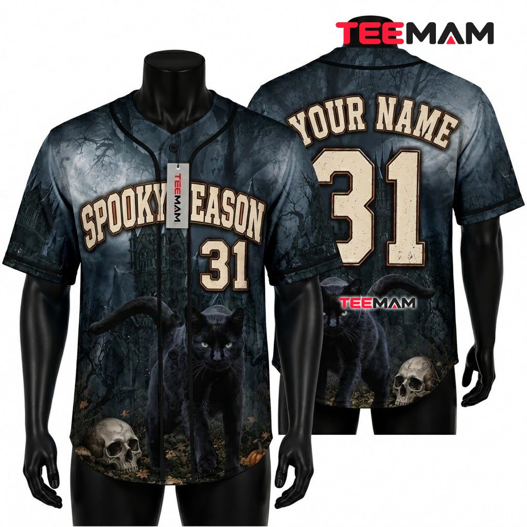 Personalized Black Cat Baseball Jersey Halloween Spooky Season 1