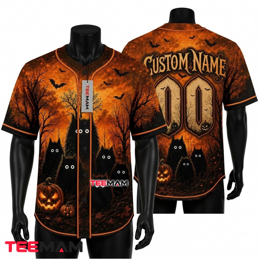 Personalized Black Cat Halloween Baseball Jersey Pumpkin Orange 1