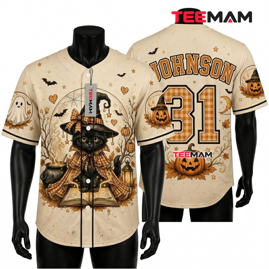 Personalized Black Cat Witch Halloween Baseball Jersey Cream 1