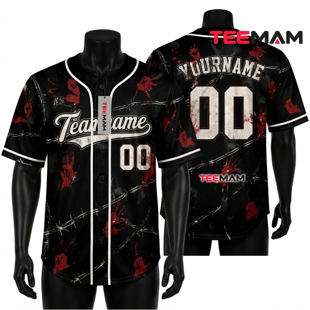 Personalized Bloody Handprint Baseball Jersey Halloween Black 1