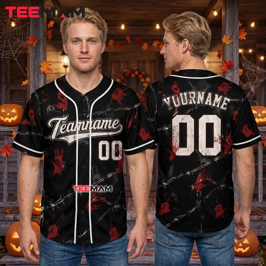 Personalized Bloody Handprint Baseball Jersey Halloween Black 2 Personalized Bloody Handprint Baseball Jersey Halloween Black 2