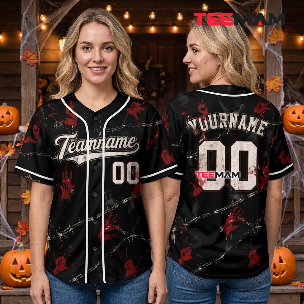 Personalized Bloody Handprint Baseball Jersey Halloween Black 3 Personalized Bloody Handprint Baseball Jersey Halloween Black 3