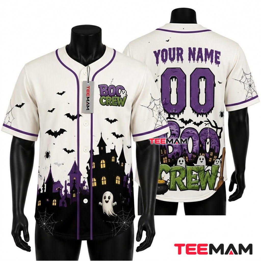 Personalized Boo Crew Halloween Baseball Jersey Ghost White 1
