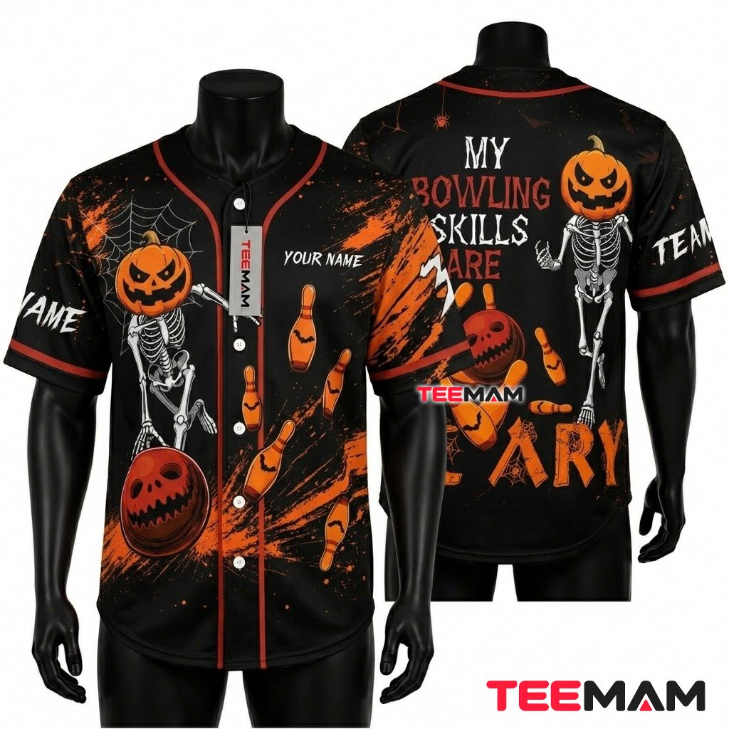Personalized Bowling Skeleton Halloween Baseball Jersey Scary 1