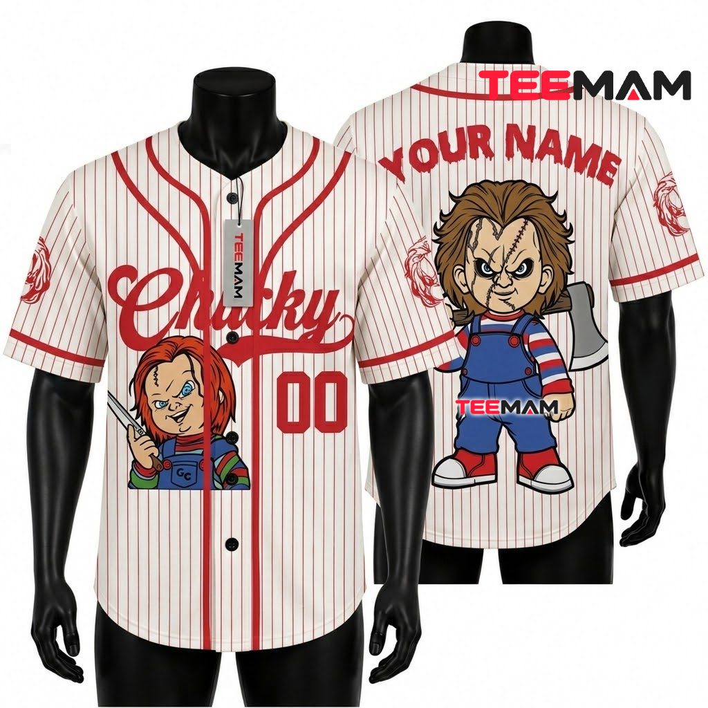 Personalized Chucky Baseball Jersey Halloween Red White 1