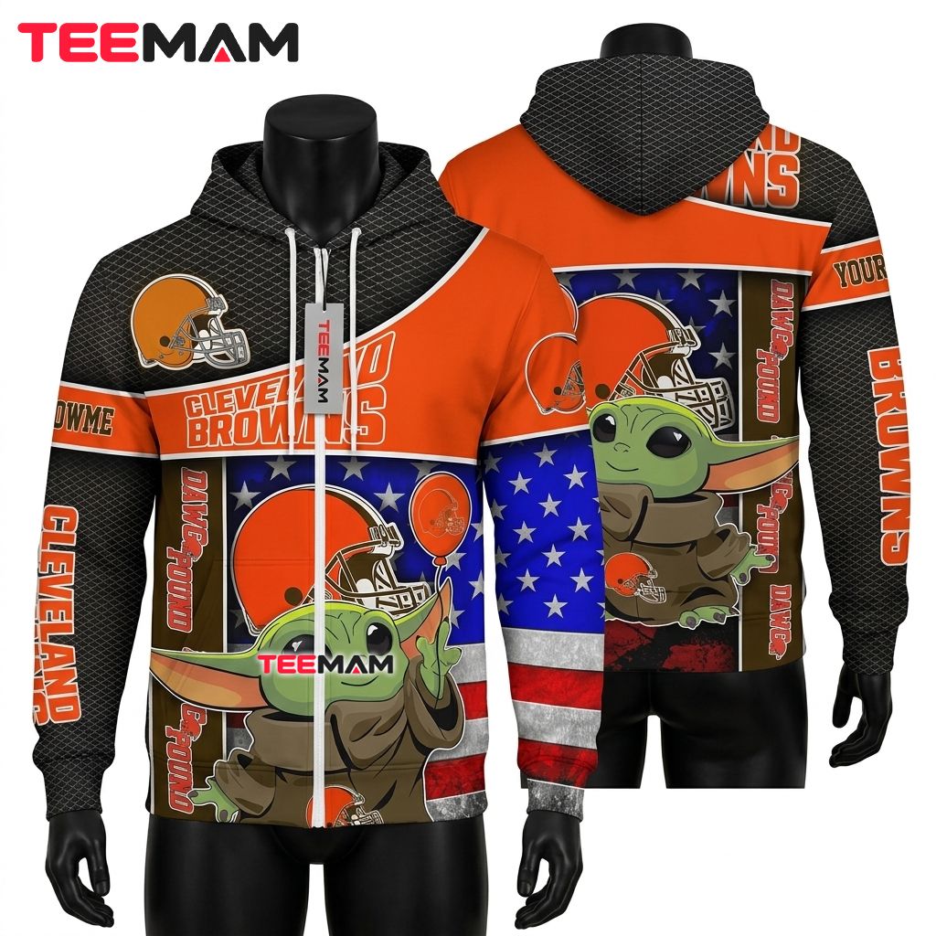 Personalized Cleveland Browns 3D Hoodie Baby Yoda Balloon Front