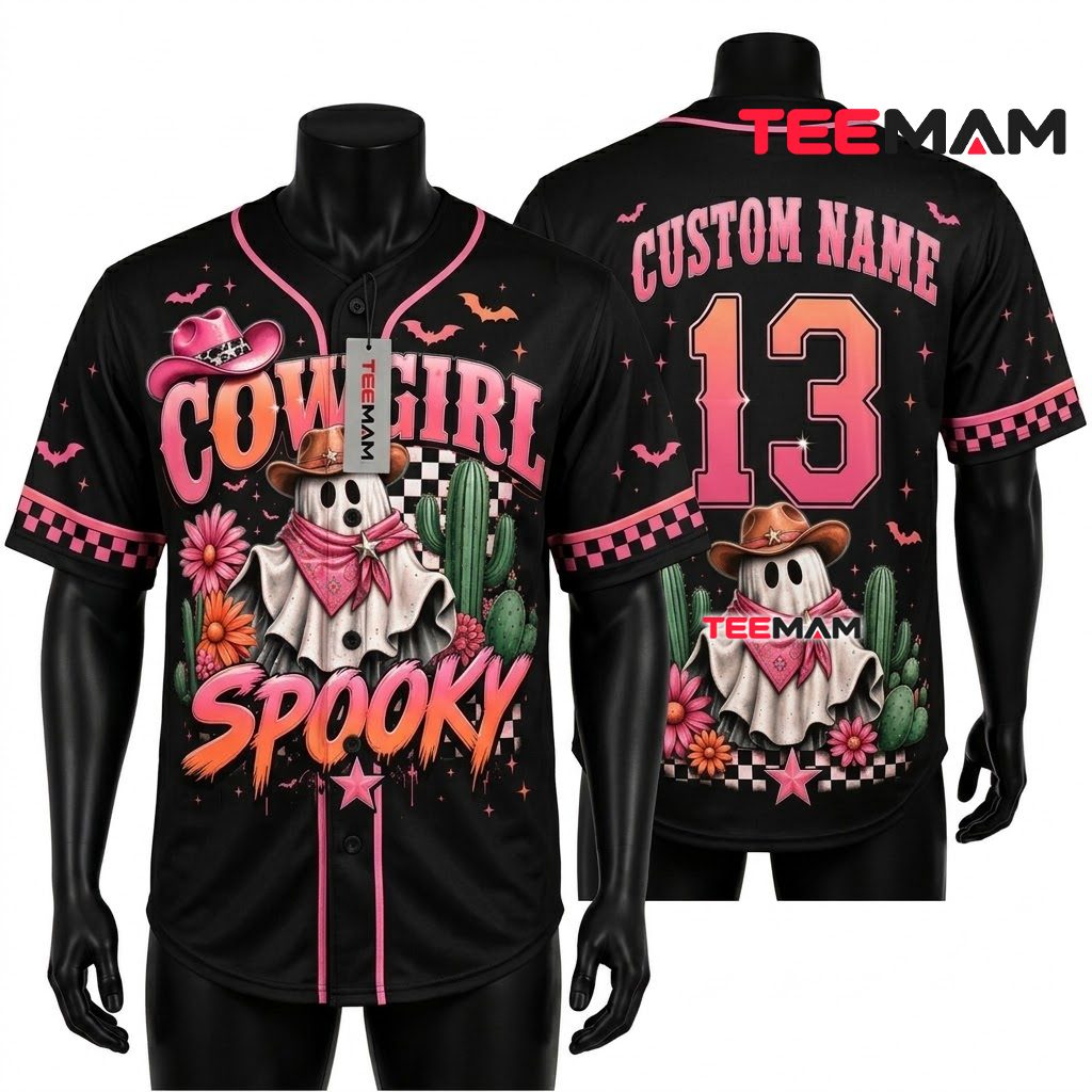 Personalized Cowgirl Ghost Halloween Baseball Jersey Pink Black 1