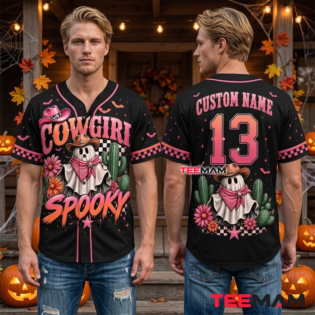 Personalized Cowgirl Ghost Halloween Baseball Jersey Pink Black 2 Personalized Cowgirl Ghost Halloween Baseball Jersey Pink Black 2