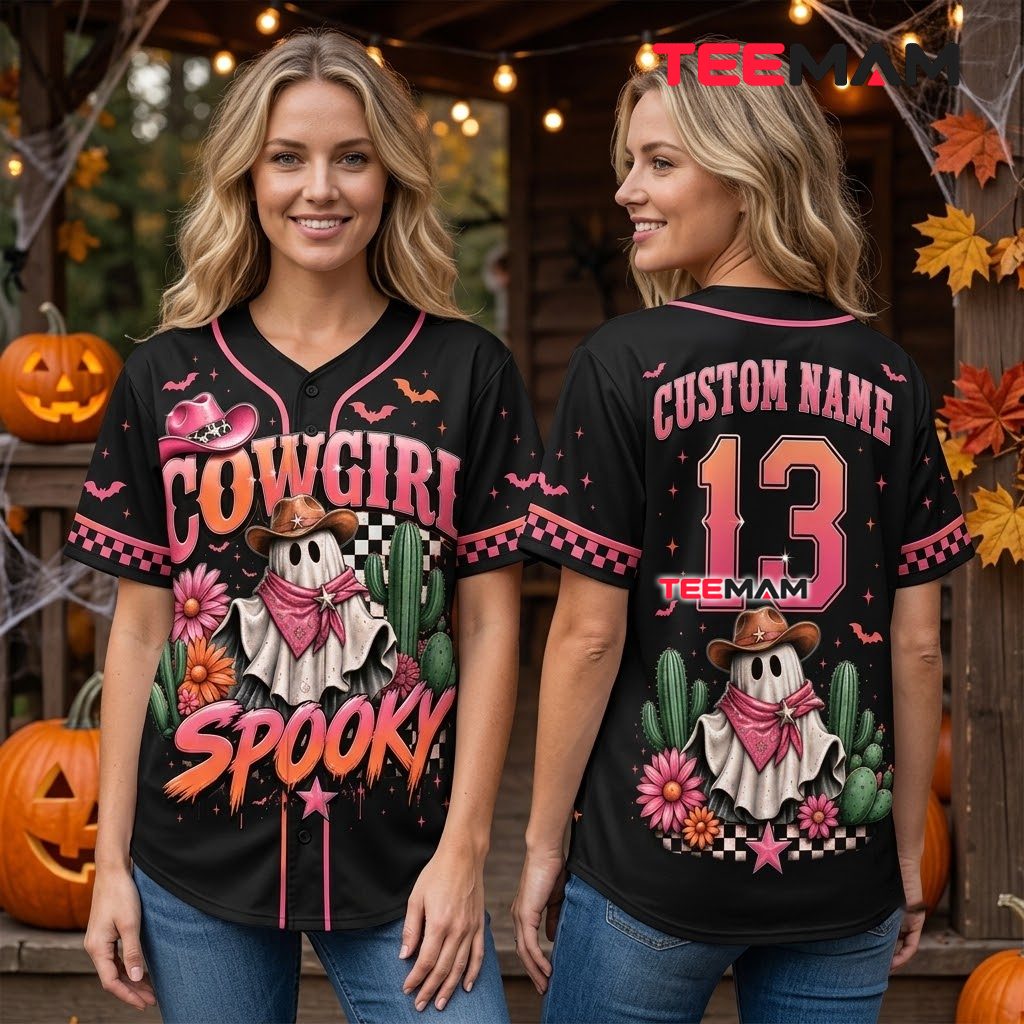 Personalized Cowgirl Ghost Halloween Baseball Jersey Pink Black 3 Personalized Cowgirl Ghost Halloween Baseball Jersey Pink Black 3