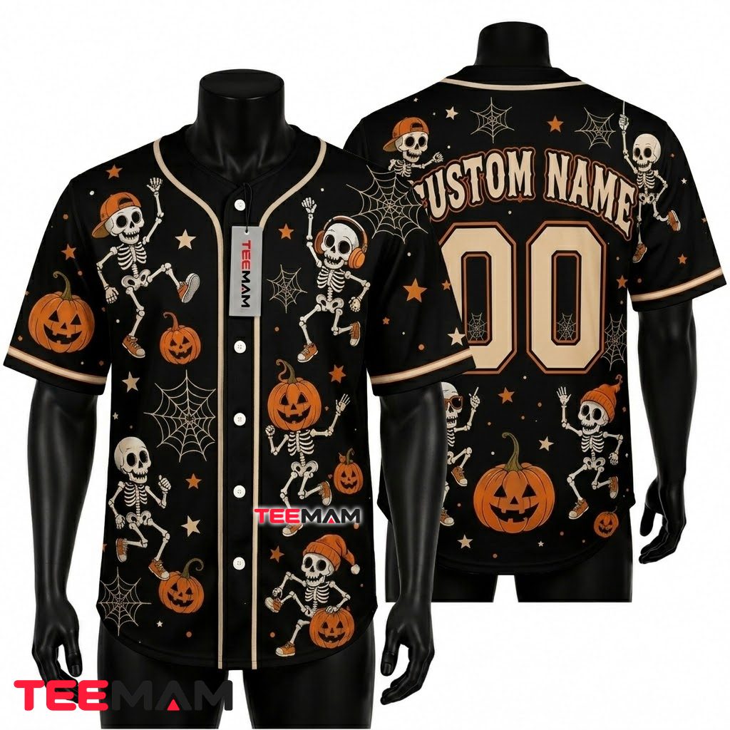Personalized Dancing Skeleton Halloween Baseball Jersey Pumpkin Spider Web 1