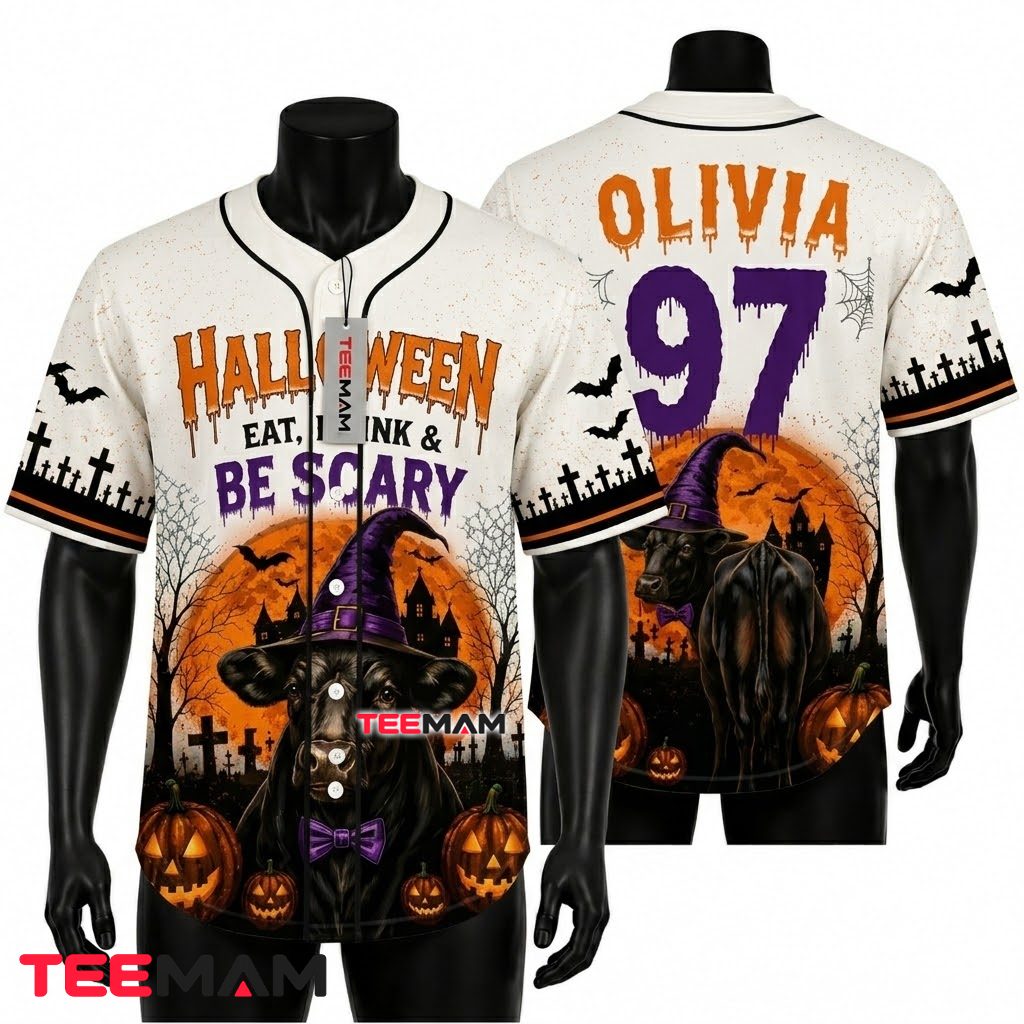 Personalized Eat Drink Be Scary Halloween Baseball Jersey Cow 1