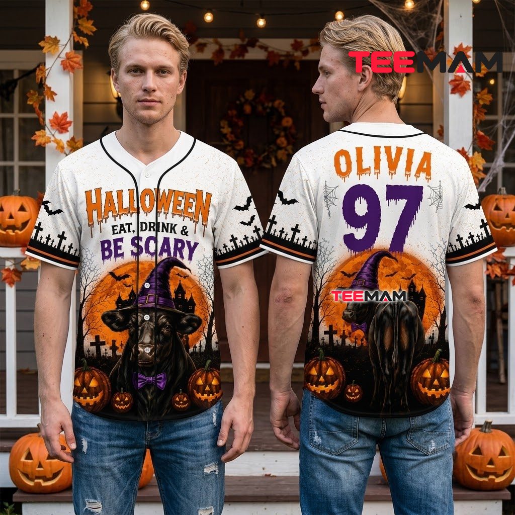 Personalized Eat Drink Be Scary Halloween Baseball Jersey Cow 2 Personalized Eat Drink Be Scary Halloween Baseball Jersey Cow 2