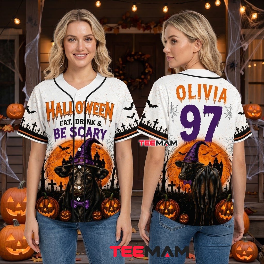 Personalized Eat Drink Be Scary Halloween Baseball Jersey Cow 3 Personalized Eat Drink Be Scary Halloween Baseball Jersey Cow 3