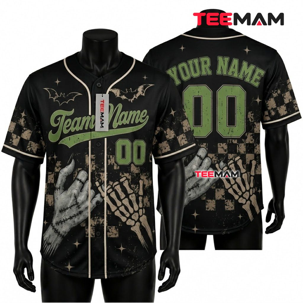 Personalized Frankenstein Skeleton Halloween Baseball Jersey Checkered 1