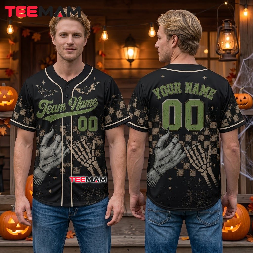 Personalized Frankenstein Skeleton Halloween Baseball Jersey Checkered 2 Personalized Frankenstein Skeleton Halloween Baseball Jersey Checkered 2